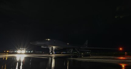 A U.S. Air Force B-1B Lancer assigned to the 9th Expeditionary Bomb Squadron, deployed from Dyess Air Force Base, Texas, prepares to take off for a 10-hour mission from Andersen Air Force Base, Guam, into Japanese airspace and over the Korean Peninsula, July 30, 2017. The B-1s first made contact with Japan Air Self-Defense Force F-2 fighter jets in Japanese airspace, then proceeded over the Korean Peninsula and were joined by South Korean F-15 fighter jets. The aircrews practiced intercept and formation training during the mission, enabling them to improve their combined capabilities and tactical skills, while also strengthening the long standing military-to-military relationships in the Indo-Asia-Pacific.