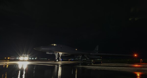 A U.S. Air Force B-1B Lancer assigned to the 9th Expeditionary Bomb Squadron, deployed from Dyess Air Force Base, Texas, prepares to take off for a 10-hour mission from Andersen Air Force Base, Guam, into Japanese airspace and over the Korean Peninsula, July 30, 2017. The B-1s first made contact with Japan Air Self-Defense Force F-2 fighter jets in Japanese airspace, then proceeded over the Korean Peninsula and were joined by South Korean F-15 fighter jets. The aircrews practiced intercept and formation training during the mission, enabling them to improve their combined capabilities and tactical skills, while also strengthening the long standing military-to-military relationships in the Indo-Asia-Pacific.