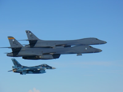 Two U.S. Air Force B-1B Lancers assigned to the 9th Expeditionary Bomb Squadron, deployed from Dyess Air Force Base, Texas, fly a 10-hour mission from Andersen Air Force Base, Guam, into Japanese airspace and over the Korean Peninsula, July 30, 2017. The B-1s first made contact with Japan Air Self-Defense Force F-2 fighter jets in Japanese airspace, then proceeded over the Korean Peninsula and were joined by South Korean F-15 fighter jets. The aircrews practiced intercept and formation training during the mission, enabling them to improve their combined capabilities and tactical skills, while also strengthening the long standing military-to-military relationships in the Indo-Asia-Pacific.