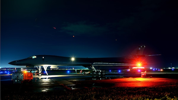A U.S. Air Force B-1B Lancer assigned to the 9th Expeditionary Bomb Squadron, deployed from Dyess Air Force Base, Texas, prepares for a 10-hour mission from Andersen Air Force Base, Guam, into Japanese airspace and over the Korean Peninsula, July 30, 2017. The B-1s flew with Japan Air Self-Defense Force F-2 fighter jets in Japanese airspace, then proceeded over the Korean Peninsula and were joined by South Korean F-15 fighter jets. The aircrews practiced intercept and formation training during the mission, enabling them to improve their combined capabilities and tactical skills, while also strengthening the long standing military-to-military relationships in the Indo-Asia-Pacific. 