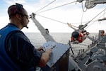 Mineman 1st Class Zachary Abel deploys a AN/SLQ-48 Mine Neutralization Vehicle (MNV) from the mine countermeasures ship USS Pioneer (MCM 9) during 2JA 2017 Mine Countermeasures Exercise (2JA-17 MCMEX). 2JA Mine Countermeasures Exercise is an annual bilateral exercise held between the U.S. Navy and JMSDF to strengthen interoperability and increase proficiencies in mine countermeasure operations, July 26, 2017.