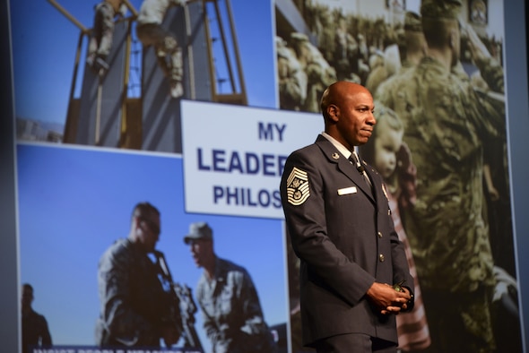 Chief Master Sergeant of the Air Force Kaleth O. Wright speaks to Airmen at a professional development forum July 24 during the Air Force Sergeants Association International Convention held in Reno, Nevada. The Professional Airman's Conference provided the opportunity for Airmen to learn from past and present enlisted leadership. (U.S. Air Force photo by Senior Airman Amber Carter)