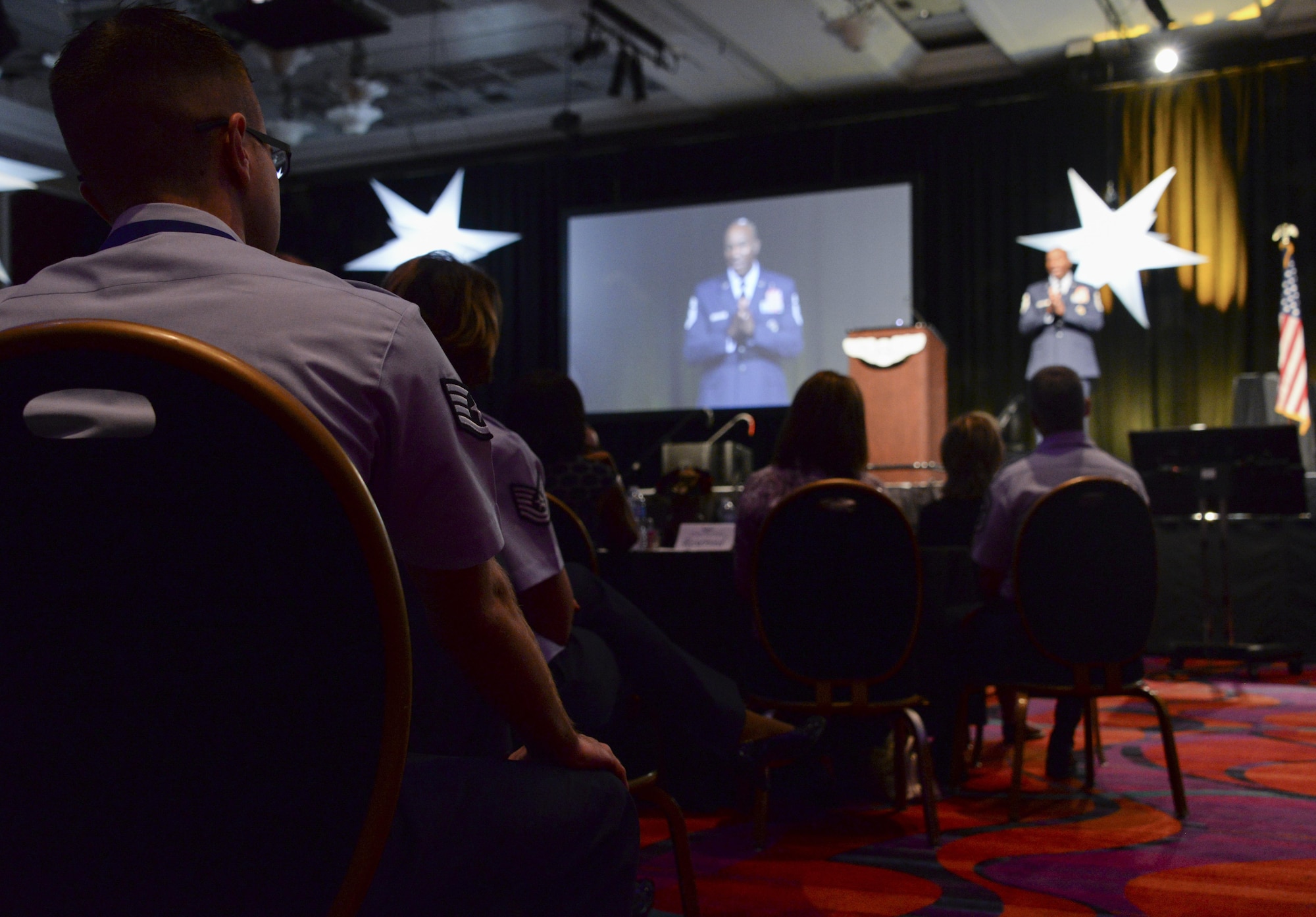 Chief Master Sergeant of the Air Force Kaleth O. Wright speaks to Airmen at a professional development forum July 24 during the Air Force Sergeants Association International Convention held in Reno, Nevada. The Professional Airman's Conference provided the opportunity for Airmen to learn from past and present enlisted leadership. (U.S. Air Force photo by Senior Airman Amber Carter)