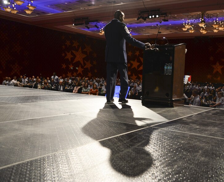 Chief Master Sergeant of the Air Force Kaleth O. Wright speaks to Airmen at a professional development forum July 24 during the Air Force Sergeants Association International Convention held in Reno, Nevada. The Professional Airman's Conference provided the opportunity for Airmen to learn from past and present enlisted leadership. (U.S. Air Force photo by Senior Airman Amber Carter)