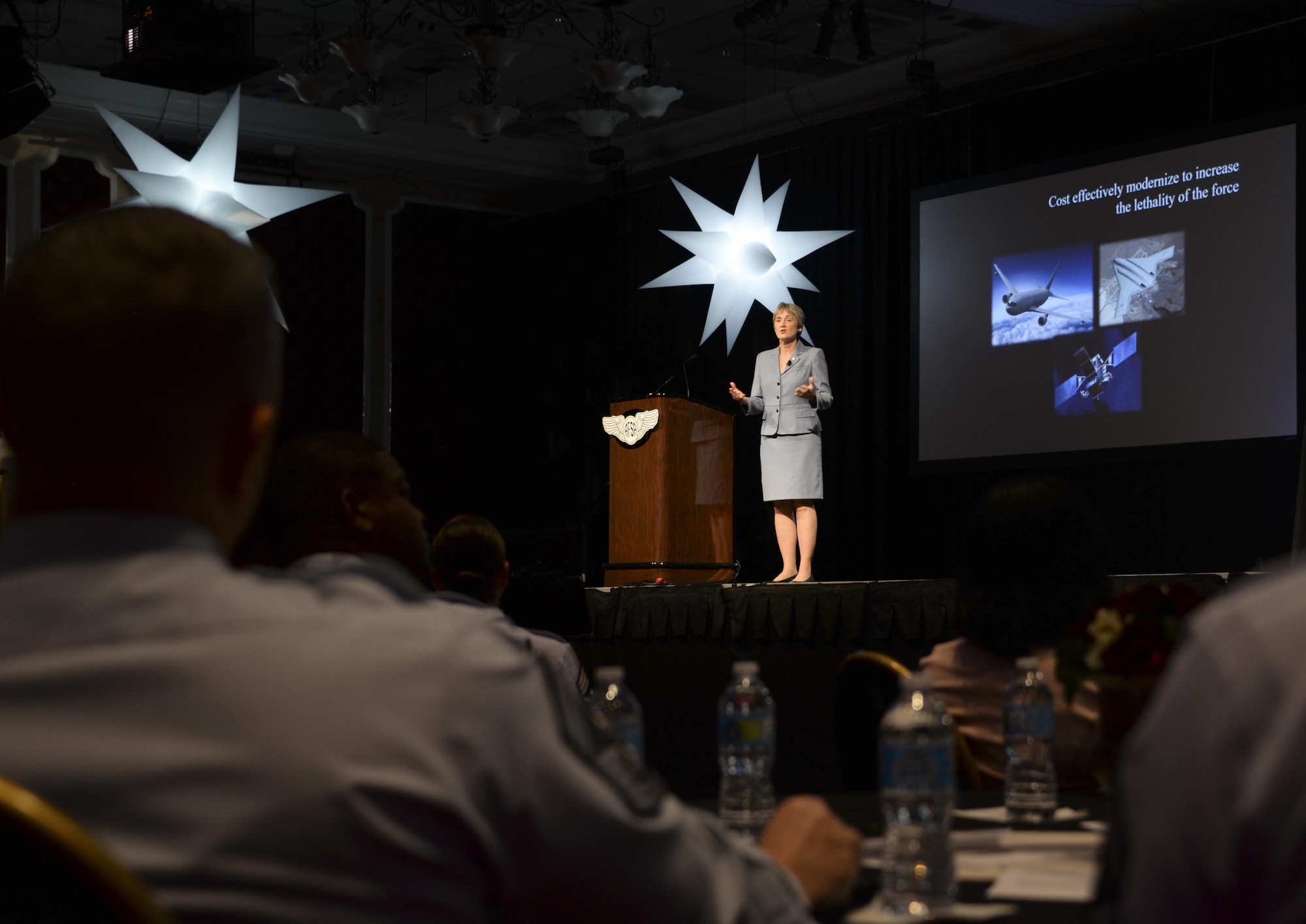 Secretary of the Air Force Heather Wilson speaks at a professional development forum July 25 at the Air Force Sergeants Association International Convention in Reno, Nevada. Wilson spoke about her leadership priorities and the importance of education as well as the development of Airmen. (U.S. Air Force photos by Senior Airman Amber Carter)