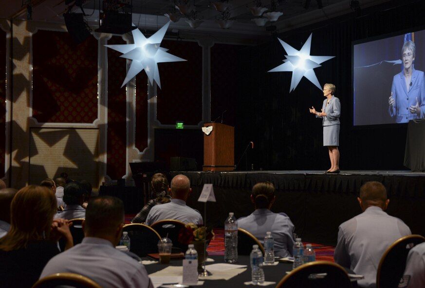 Secretary of the Air Force Heather Wilson speaks at a professional development forum July 25 at the Air Force Sergeants Association International Convention in Reno, Nevada. Wilson spoke about her leadership priorities and the importance of education as well as the development of Airmen. (U.S. Air Force photos by Senior Airman Amber Carter)