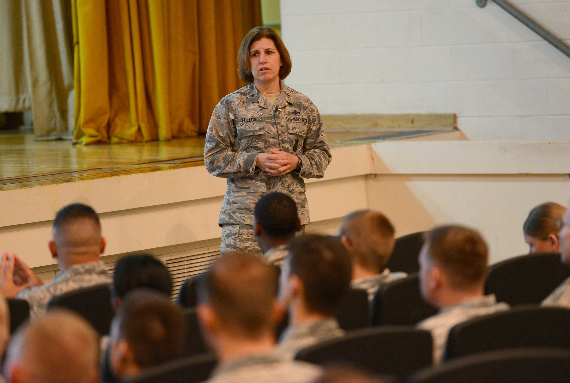 Brig. Gen. Andrea Tullos, director of Security Forces and Deputy Chief of Staff for Logistics, Engineering and Force Protection, Headquarters U.S. Air Force, Washington, D.C., visited with members of the 72nd Security Forces Squadron at the Base Theater July 11. As the Air Force's new Top Cop, Gen. Tullos briefed the room on upcoming training policies and procedures and manpower as well as the Air Force Chief of Staff's initiative to revitalize squadrons.