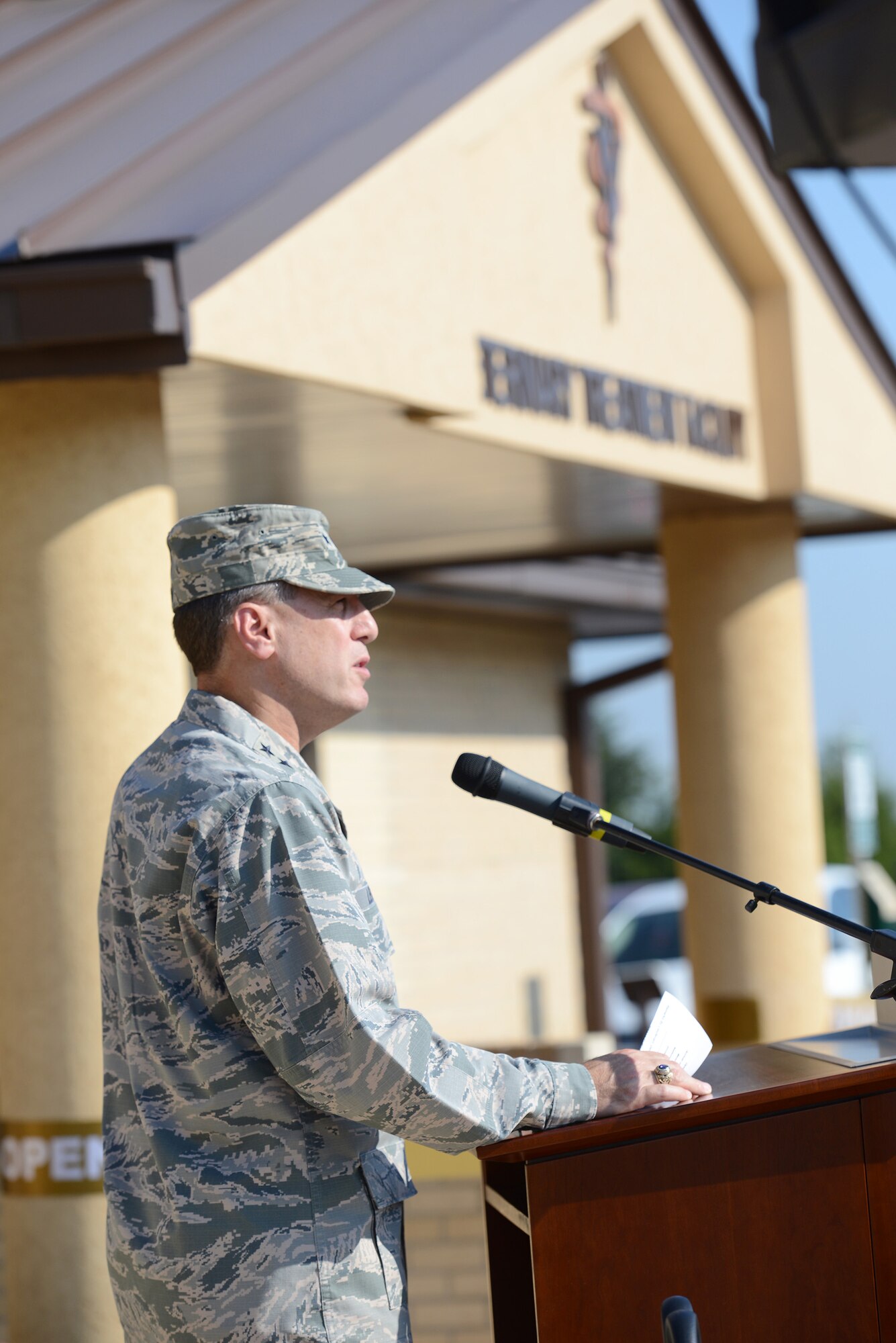 Air Force Sustainment Center Commander Lt. Gen. Lee K. Levy II gave remarks and expressed his thanks and appreciation for the continued partnership between the U.S. Army Medical Department's Veterinary Services and Tinker Air Force BAse during a ribbon cutting ceremony for the newly remodeled Veterinary Treatment Facility July 17. The vet clinic has extended its capabilities of care to be able to perform anesthetic procedures as well as placing catheters and monitors. The clinic provides care for Military Working Dogs as well as family pets for active duty, Reserve, Guard, retirees and dependents. (Air Force photo by Kelly White)