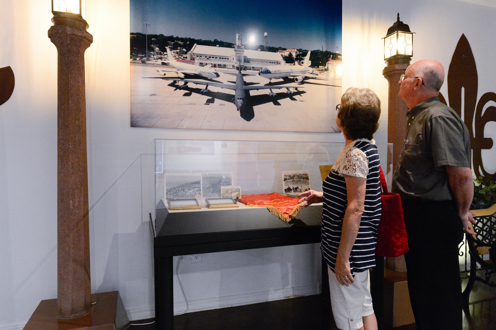 Larry and Ann Kilgore look at an exhibit pertaining to Barksdale Air Force Base, La., history at the Barksdale Global Power Museum, July 12, 2017. The museum offered a variety of Barksdale and Air Force displays pertaining to 8th Air Force achievements.
