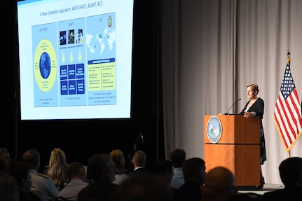 Isabelle Desmartis, Canadian Department of National Defence director general of policy planning, highlights deterrence concepts embedded in Canada’s new national defense policy during U.S. Strategic Command’s annual Deterrence Symposium at the CenturyLink Center, Omaha, Neb., July 27, 2017. During the two-day symposium, industry, military, governmental, international and academic experts discussed and promoted increased collaboration to address 21st century strategic deterrence.  One of nine Department of Defense unified combatant commands, USSTRATCOM has global strategic missions assigned through the Unified Command Plan that include strategic deterrence, space operations, cyberspace operations, joint electronic warfare, global strike, missile defense, intelligence, and analysis and targeting.