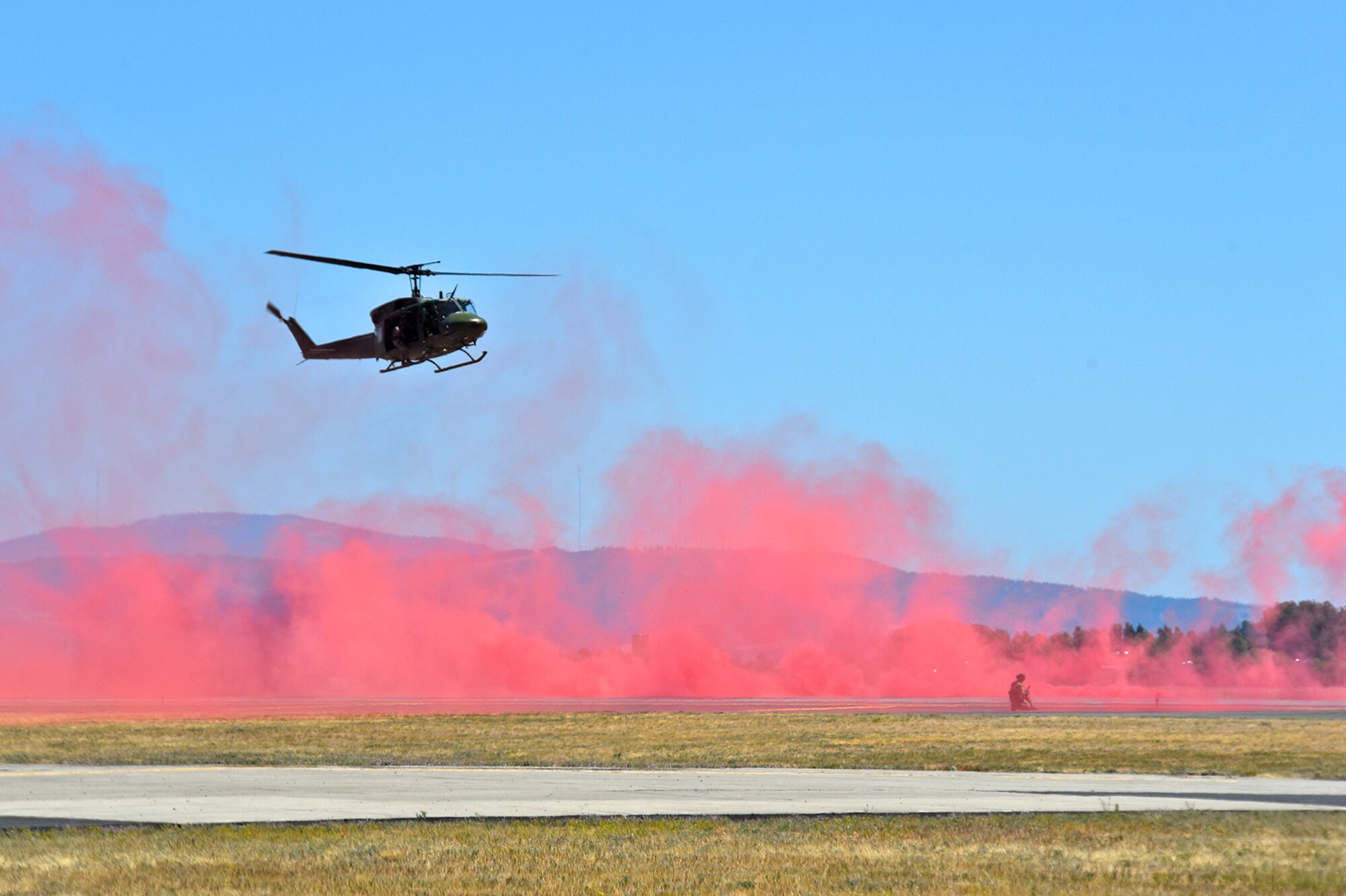 A 36th Rescue Squadron UH-1 Iroquois conducts a combat search and rescue during the 2017 Skyfest Air Show and Open House July 30, 2017, at Fairchild Air Force Base, Washington. The 36th RQS resides under the 58th Special Operations Wing at Kirtland, New Mexico. As of recently, the 36th RQS has conducted over 690 rescues. (U.S. Air Force photo/Senior Airman Mackenzie Richardson)