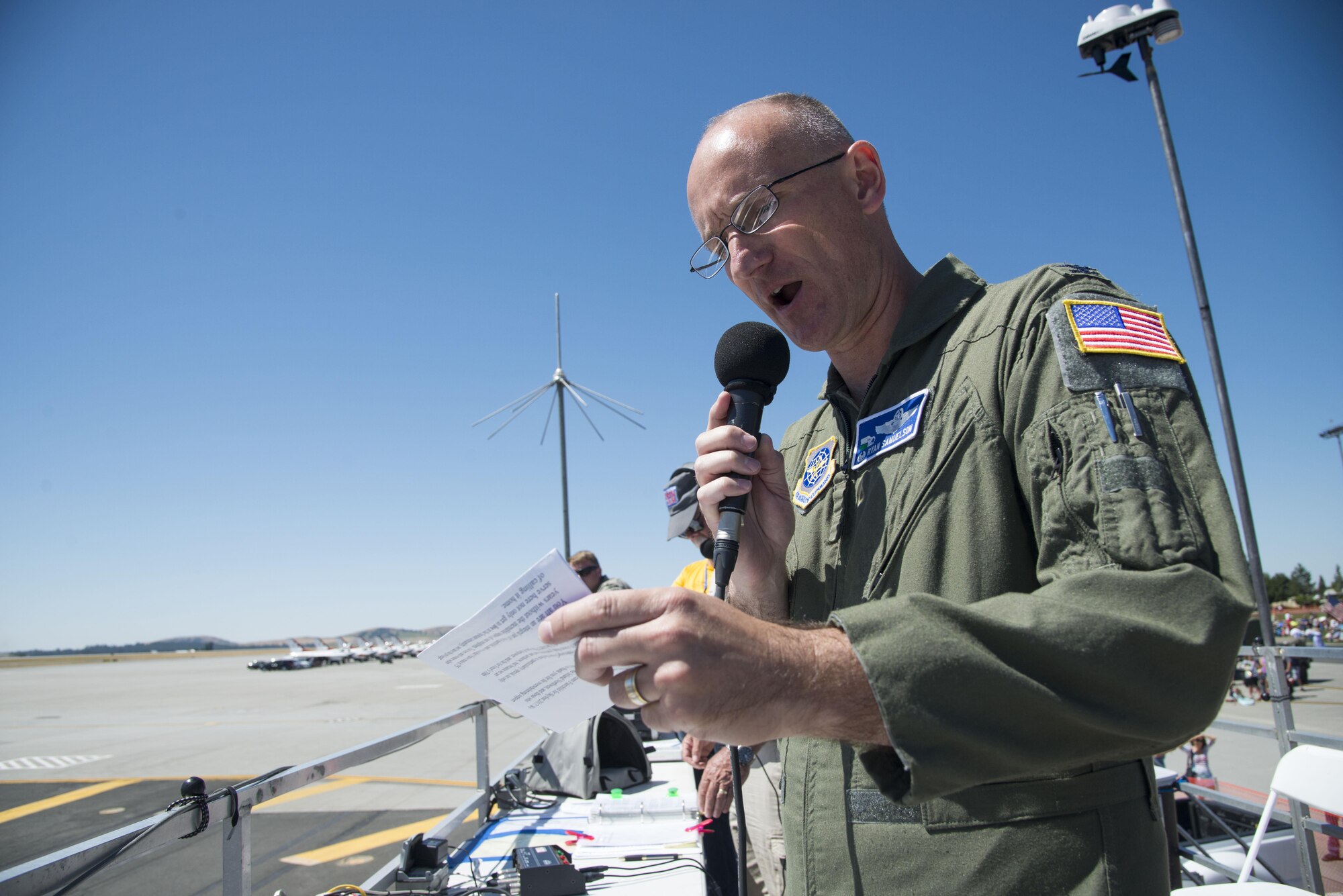 Col. Ryan Samuelson, 92nd Air Refueling Wing commander, thanked service members and members of the local community for their support during the SkyFest 2017 Air Show and Open House at Fairchild Air Force Base, Washington. SkyFest was hosted to thank the local and regional community for their support and give them the opportunity to meet Airmen and learn about the Air Force mission. (U.S. Air Force photo/Senior Airman Janelle Patiño)