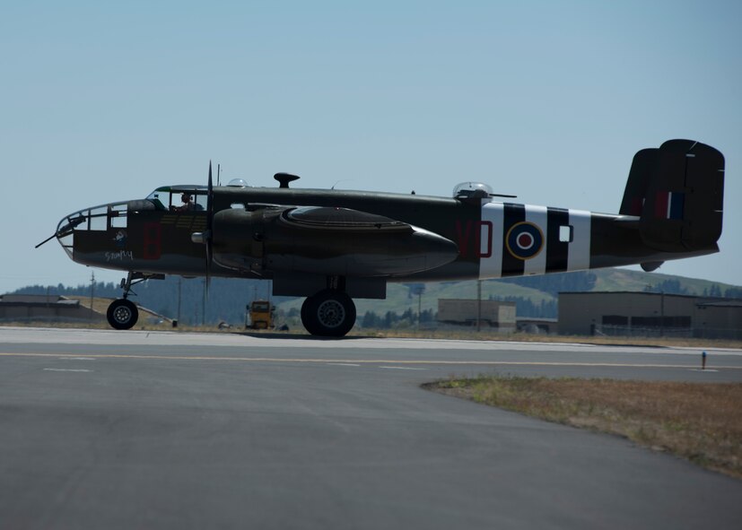 A B-25 Mitchell bomber aircraft taxis down the runway at the Skyfest 2017 air show and open house July 29, 2017, at Fairchild Air Force Base, Washington. The B-25 design was named in honor of Maj. Gen. William "Billy" Mitchell, a pioneer of U.S. military aviation. (U.S. Air Force photo / Airman 1st Class Ryan Lackey)