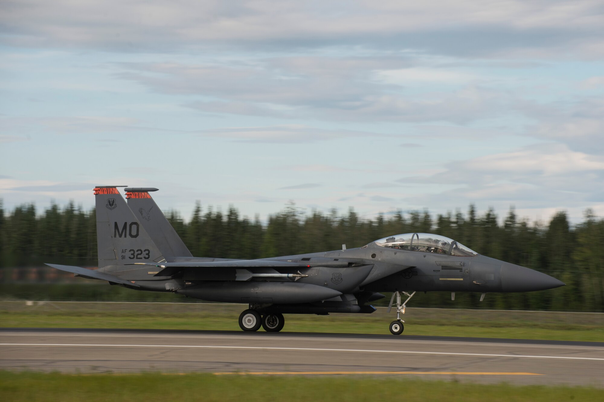 A U.S. Air Force F-15 Strike Eagle fighter aircraft assigned to the 391st Fighter Squadron, Mountain Home Air Force Base (AFB), Idaho, takes off during FLAG-Alaska (RF-A) 17-3, July 31, 2017, at Eielson AFB, Alaska. RF-A provides an optimal training environment in the Indo-Asia Pacific Region and focuses on improving ground, space, and cyberspace combat readiness and interoperability for U.S. and international forces. (U.S. Air Force photo by Airman 1st Class Isaac Johnson)