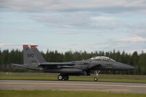 A U.S. Air Force F-15 Strike Eagle fighter aircraft assigned to the 391st Fighter Squadron, Mountain Home Air Force Base (AFB), Idaho, takes off during FLAG-Alaska (RF-A) 17-3, July 31, 2017, at Eielson AFB, Alaska. RF-A provides an optimal training environment in the Indo-Asia Pacific Region and focuses on improving ground, space, and cyberspace combat readiness and interoperability for U.S. and international forces. (U.S. Air Force photo by Airman 1st Class Isaac Johnson)