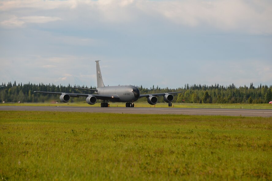 A U.S. Air Force KC-135 Stratotanker refueling aircraft, assigned to the 168th Wing, takes off during FLAG-Alaska (RF-A) 17-3, at Eielson Air Force Base, Alaska. RF-A provides an optimal training environment in the Indo-Asia-Pacific Region and focuses on improving ground, space, and cyberspace combat readiness and interoperability for U.S. and international forces. (U.S. Air Force photo by Airman 1st Class Isaac Johnson)