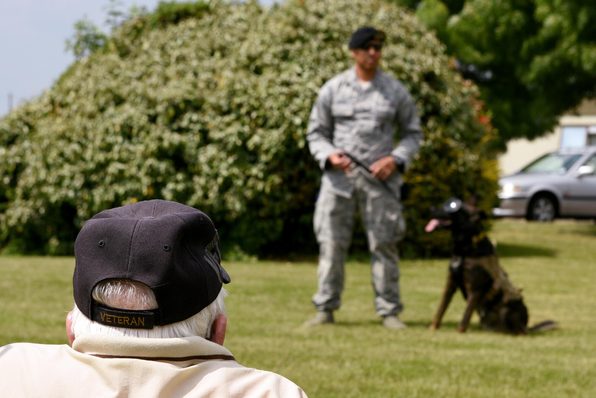 U.S. Air Force Staff Sgt. (retired) Doug Ward, a former mechanic from the 305th Bomb Group during World War II watches a Military Working Dog Demonstration at Royal Air Force Lakenheath, May 25. Ward joined the Army Air Corps as a mechanic in 1942 but volunteered as a B-17 Flying Fortress Ball Turret gunner on 37 missions. (U.S. Air Force photo/Airman 1st Class John A. Crawford)