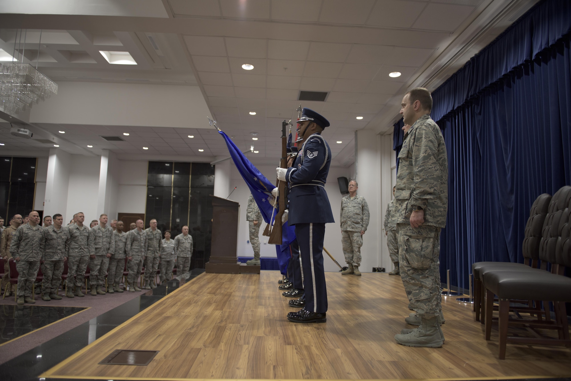 Members of the Incirlik Air Base Honor Guard present the Turkish and American flags during the 39th Medical Group change of command ceremony May 27, 2017, at Incirlik Air Base, Turkey. During the ceremony, Col. Thomas A. Bacon relinquished command to Col. Vito Smyth. (U.S. Air Force photo by Airman 1st Class Kristan Campbell)