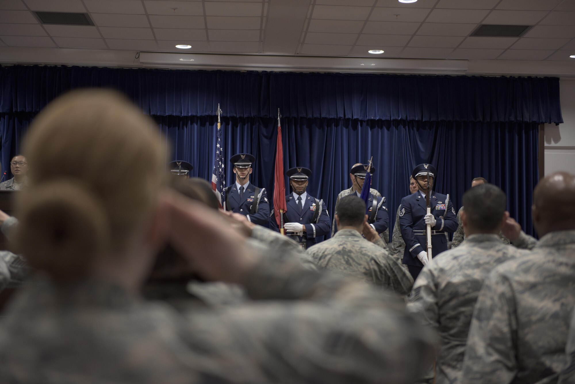 Airman 1st Class Amanda J. Roberts, 39th Medical Operations Squadron personal reliability program monitor, renders a salute during the 39th Medical Group change of command ceremony May 27, 2017, at Incirlik Air Base, Turkey.(U.S. Air Force photo by Airman 1st Class Kristan Campbell)