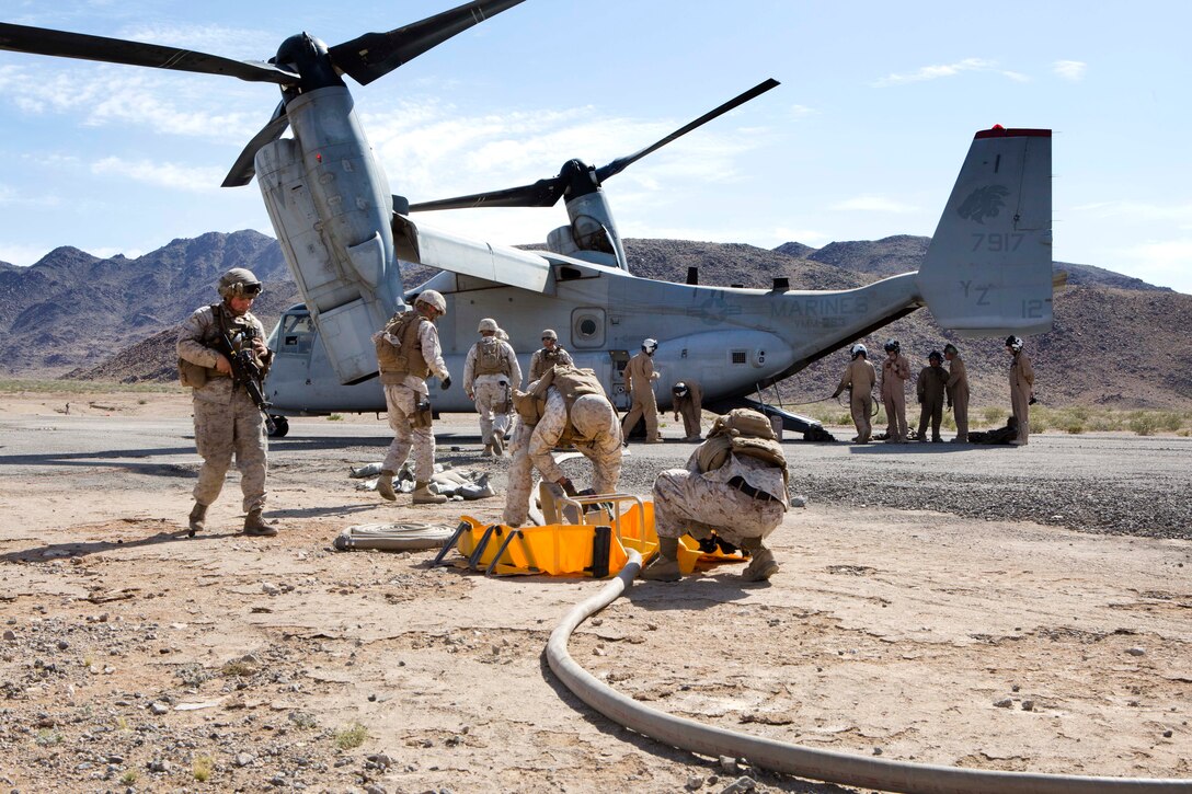 Marines conduct an air delivery ground refueling exercise at a field aircraft refueling point during Integrated Training Exercise 3-17 at Marine Corps Air Ground Combat Center Twentynine Palms, Calif., May 30, 2017. Marine Corps photo by Lance Cpl. Mark A. Lowe