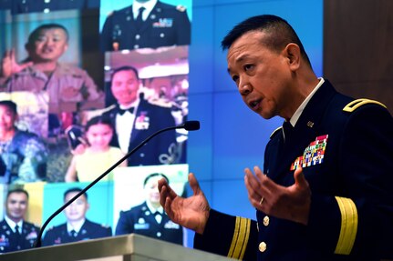 Army Brig. Gen. Lapthe Flora, the assistant adjutant general for the Virginia National Guard,  talks about his military career and his experiences as a refugee coming to the U.S. during an event highlighting the service of Asian and Pacific Islander-Americans at the Association of the U.S. Army in Arlington, Virginia, May 25, 2017. Flora fled Saigon in 1975, living in the jungle for several years before leaving Vietnam on a boat with hundreds of other refugees in 1980. He came to the U.S. in 1981, after living for a year in a refugee camp in Indonesia, and enlisted in 1987 as a way to “give back” to the country. 