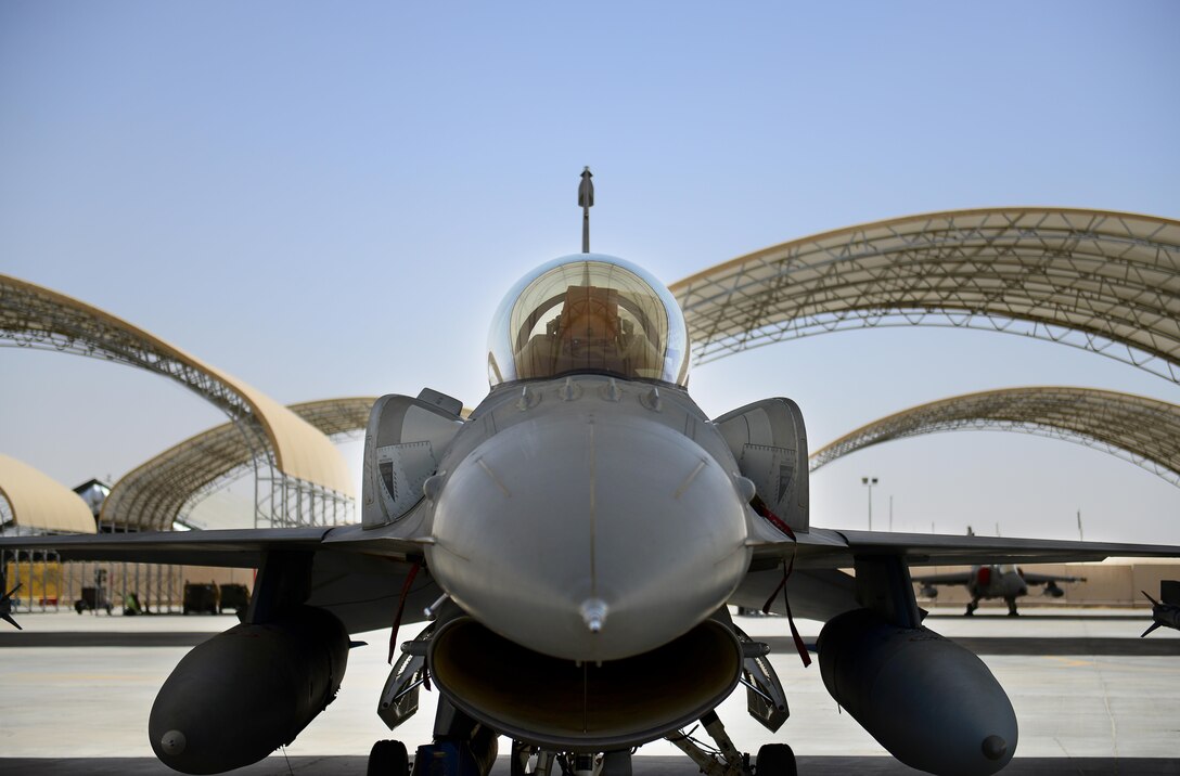 Polish Air Force F-16 Fighting Falcons aircraft sits on the flightline at the 407th Air Expeditionary Group on June 1, 2017. Recently, the Polish Air Force exceeded 1,500 combat flying hours in support of Operation Inherent Resolve in the fight against ISIS. (U.S. Air Force Tech Sgt. Andy M. Kin)