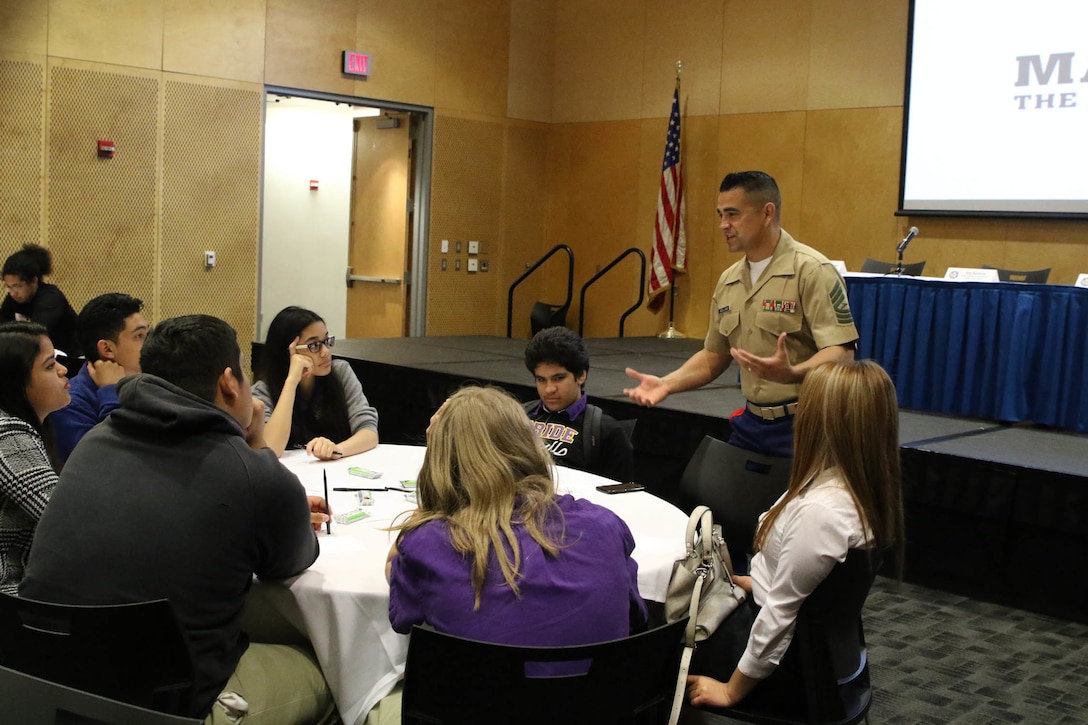 Master Sgt. David Arellano, a Marine Corps Recruiting Command recruiting support officer, speaks to high school students during the Latinos on the Fast Track Program’s Body, Mind and Spirit Seminar held at Tulane University in New Orleans on April 24, 2017. The Marine Corps presented the seminar as part of the Hispanic Heritage Foundation who identifies, inspires, prepares, and connects Latinos Leaders in the community, classroom and workforce. (U.S. Marine Corps photo by Staff Sgt. Rubin J. Tan/Released)