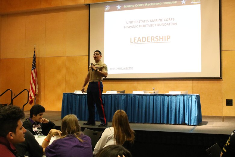 Staff Sergeant Alberto Ortiz, a recruiter with Recruiting Sub-Station Houma, gives a presentation on leadership during the Latinos on the Fast Track Program’s Body, Mind and Spirit Seminar held at Tulane University in New Orleans on April 24, 2017. The Marine Corps presented the seminar as part of the Hispanic Heritage Foundation who identifies, inspires, prepares, and connects Latinos Leaders in the community, classroom and workforce. (U.S. Marine Corps photo by Staff Sgt. Rubin J. Tan/Released)