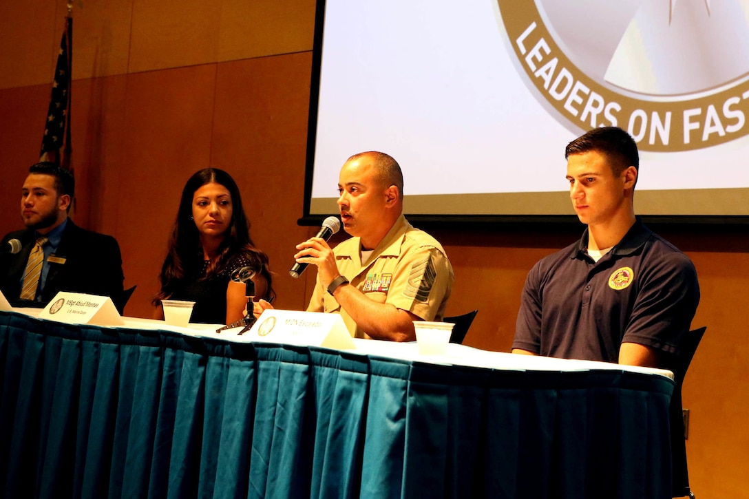 Master Sgt. Abiud Montes, a Marine Corps Recruiting Command recruiting support officer, speaks during a panel during the Latinos on the Fast Track Program’s Body, Mind and Spirit Seminar held at Tulane University in New Orleans on April 24, 2017. The Marine Corps presented the seminar as part of the Hispanic Heritage Foundation who identifies, inspires, prepares, and connects Latinos Leaders in the community, classroom and workforce. (U.S. Marine Corps photo by Staff Sgt. Rubin J. Tan/Released)