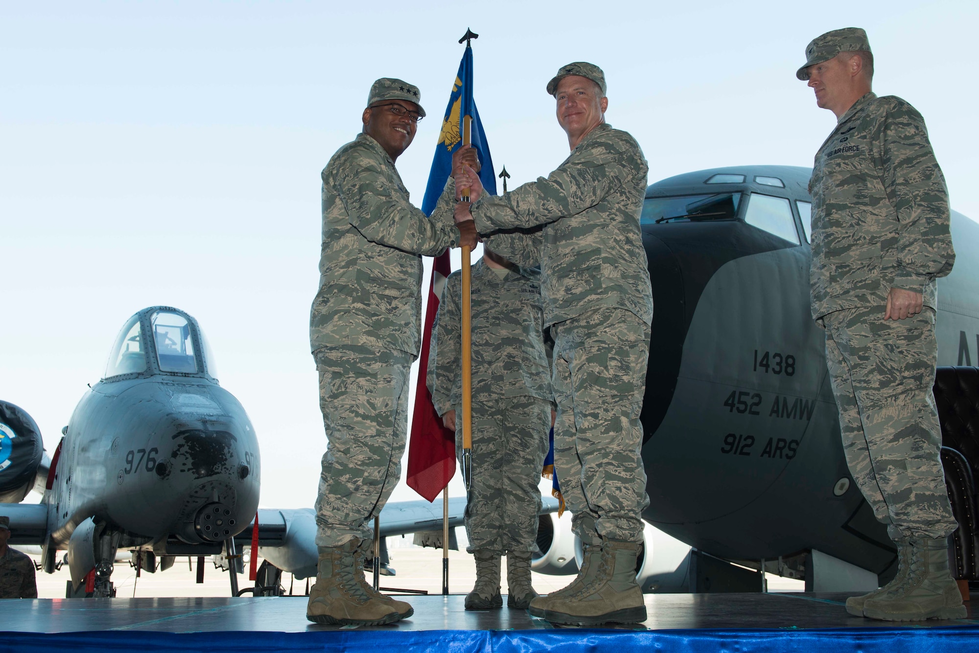 U.S. Air Force Col. David Eaglin, 39th Air Base Wing incoming commander, receives the guidon from Lt. Gen. Richard Clark, 3rd Air Force commander, June 1, 2017, at Incirlik Air Base, Turkey. Prior to assuming command, Eaglin was the vice commander of the 48th Fighter Wing, RAF Lakenheath, England. (U.S. Air Force photo by Airman 1st Class Devin M. Rumbaugh) 