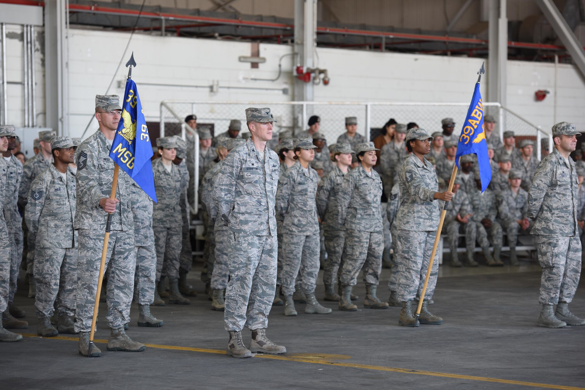 Airmen assigned to the 39th Air Base Wing participate in the 39th ABW change of command ceremony June 1, 2017, at Incirlik Air Base Turkey.  Col. John Walker relinquished command, and Col. David Eaglin assumed command of the 39th ABW. (U.S. Air Force photo by Airman 1st Class Kristan Campbell)