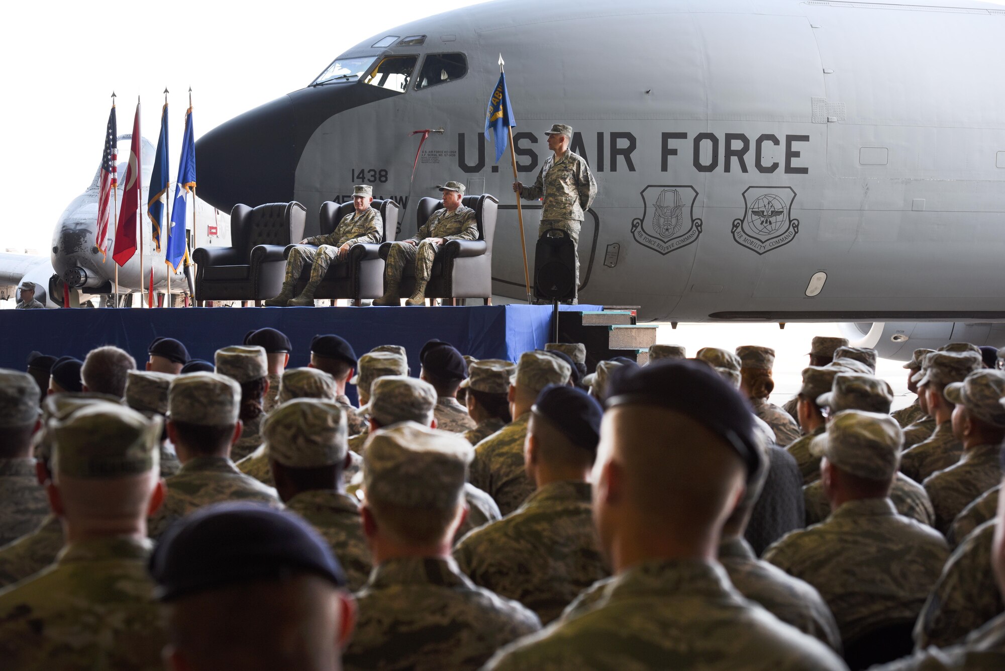 A crowd watches as Col David Eaglin assumes command of the 39th Air Base Wing June 1, 2017, at Incirlik Air Base, Turkey. Eaglin will be responsible for approximately 5,000 U.S. personnel and the combat readiness of U.S. Air Force units at Incirlik. (U.S. Air Force photo by Airman 1st Class Kristan Campbell)