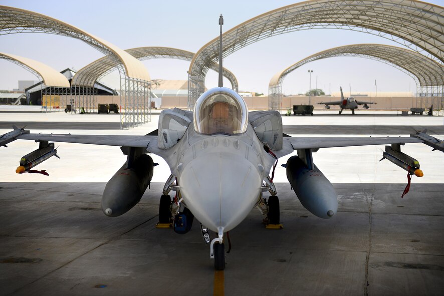 Polish Air Force F-16 Fighting Falcon sits on the flightline June 1, 2017, at the 407th Air Expeditionary Group. Recently, the Polish airmen exceeded 1,500 combat flying hours in support of Operation Inherent Resolve in the fight against ISIS. (U.S. Air Force photo by Tech. Sgt. Andy M. Kin)