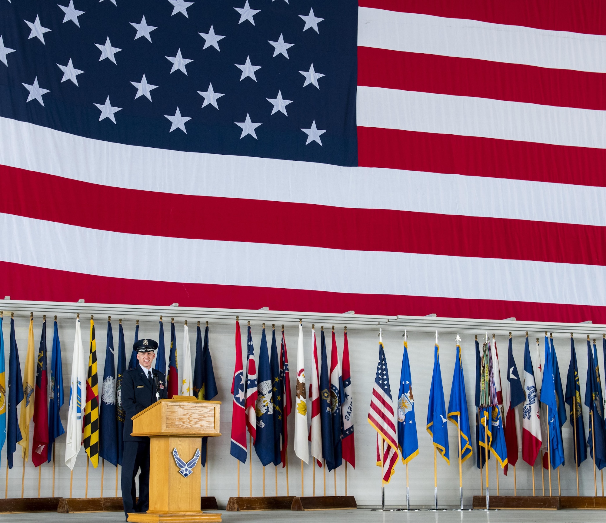 Brig. Gen. Evan Dertien smiles after taking command of the 96th Test Wing during the wing’s change of command ceremony at Eglin Air Force Base, Fla., May 31.  The command position is Dertien’s third assignment to Team Eglin.  (U.S. Air Force photo/Samuel King Jr.)