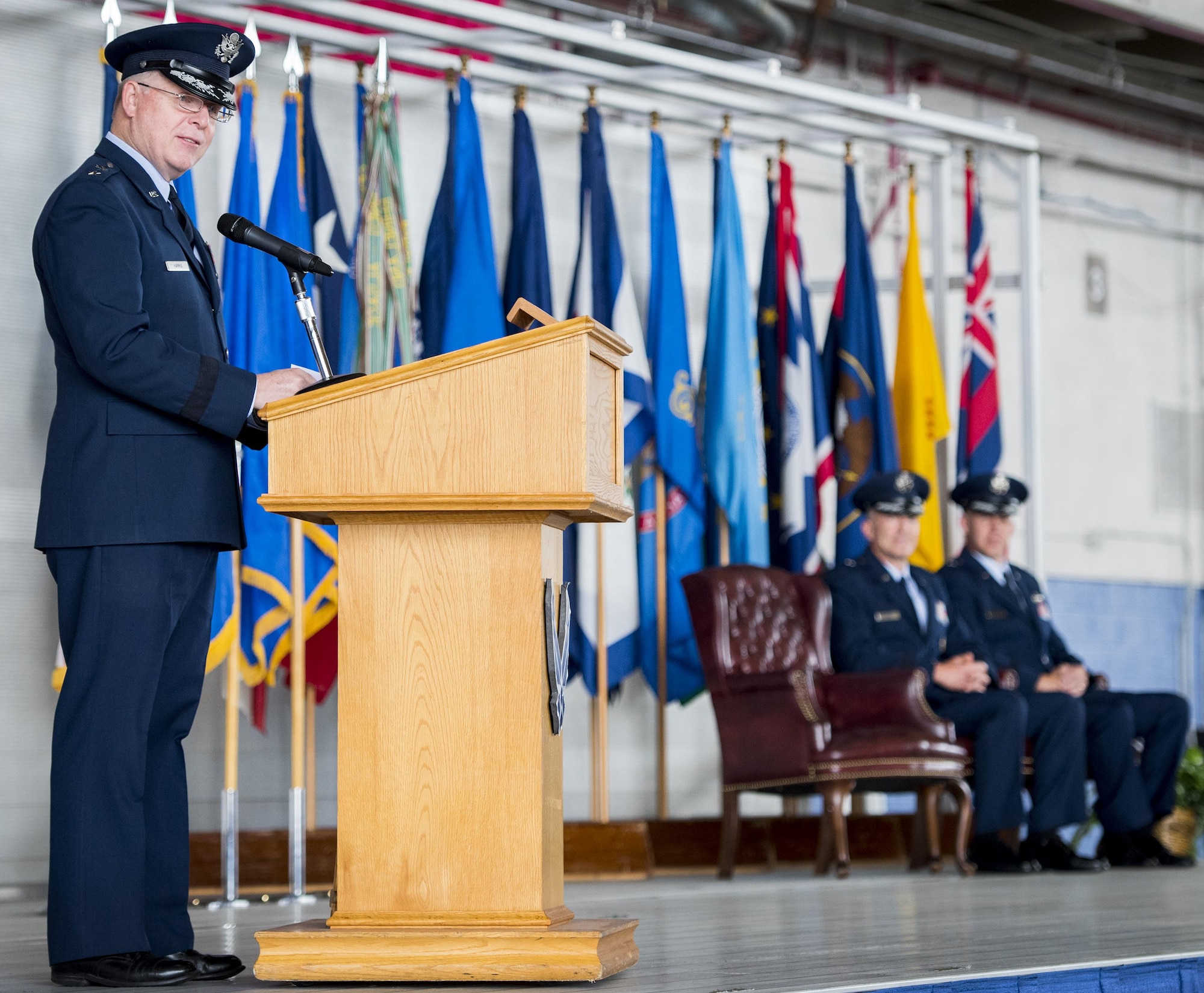 Maj. Gen. David Harris, Air Force Test Center commander, speaks to the audience during the 96th Test Wing change of command ceremony at Eglin Air Force Base, Fla., May 31.  Brig. Gen. Christopher Azzano relinquished command to Brig. Gen. Evan Dertien.  The command position is Dertien’s third assignment to Team Eglin.  (U.S. Air Force photo/Samuel King Jr.)