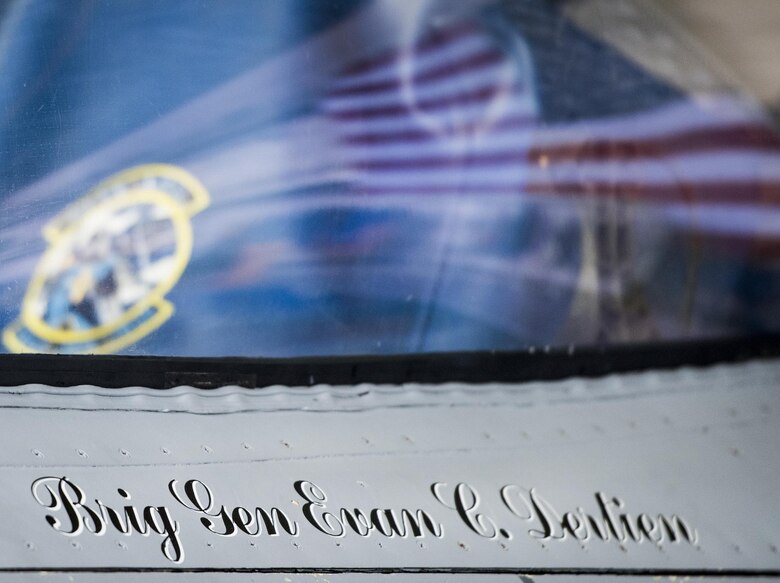 New commander, Brig. Gen. Evan Dertien, has his name placed on an F-16 Fighting Falcon at the end of the 96th Test Wing's change of command ceremony at Eglin Air Force Base, Fla., May 31.  The command position is Dertien's third assignment to Team Eglin.  (U.S. Air Force photo/Samuel King Jr.)