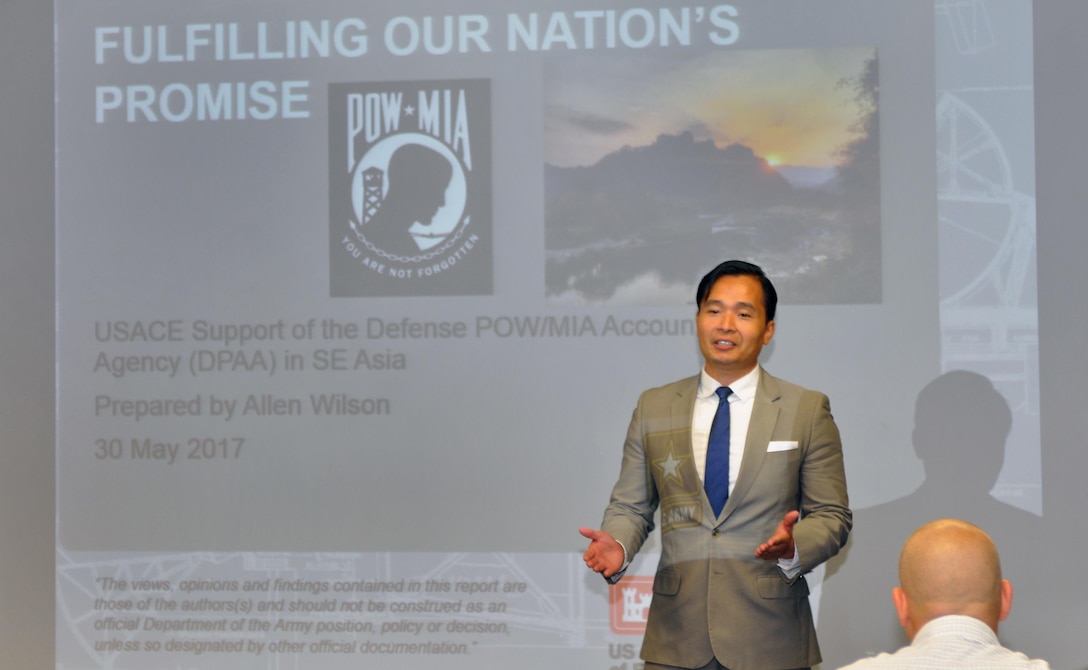 Vong Mony Var, Mobile District’s Asian American and Pacific Islander program manager, opens the lunch-and-learn meeting and introduces the guest speaker, Mobile District archaeologist Allen Wilson.