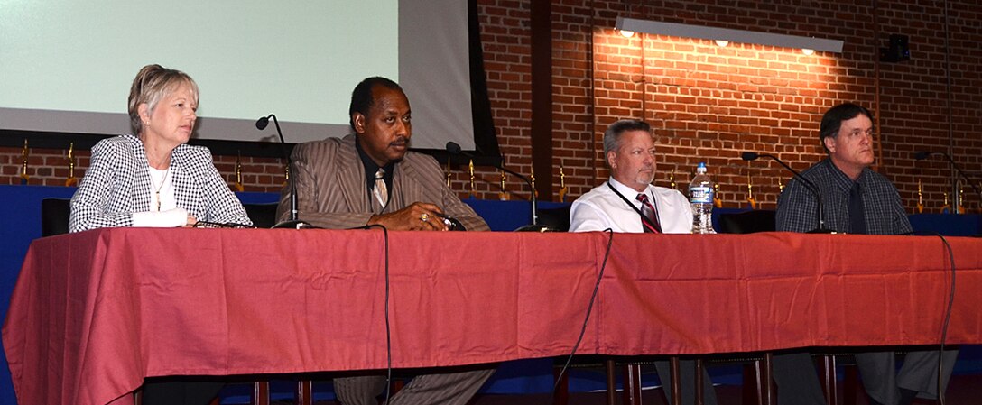 From left: Defense Logistics Agency Aviation’s Lynn Donnelly, deputy director, Procurement Process Support Directorate; Floyd Moore, deputy director, Supplier Operations Commodities Directorate; David Carns, director, Engineering Directorate; and Ronald Tatem, sourcing strategy specialist, Planning Process Directorate, offer leadership insight and answer questions during Aviation Industry Days May 16-17, 2017 in the Frank B. Lotts Conference Center on Defense Supply Center Richmond, Virginia.