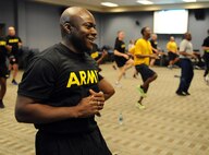 FORT EUSTIS, Va. -- Members of Joint Task Force Civil Support participate in command physical training May 12, 2017. Joint Task Force Civil Support tested its ability to rapidly deploy, set up and operate a forward command post. JTF-CS anticipates, plans, and prepares for Chemical, Biological, Radiological, and Nuclear Defense Support of Civil Authority (CBRN-DSCA) response operations. (Official DOD photo by MC2 Benjamin Liston)