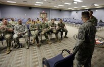 FORT EUSTIS, Va. -- Air Force Chief Master Sgt. Harold Hutchison, North American Aerospace Defense and U.S. Northern Command (NORAD and U.S. NORTHCOM) senior enlisted leader speaks with members of Joint Task Force Civil Support during an all-enlisted call May 19, 2017. Hutchison’s visit included topics of promotions, what JTF-CS will do in future joint operations, and recognition for enlisted service members in a joint environment. (Official DOD photo by MC2 Benjamin Liston)