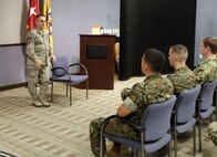 FORT EUSTIS, Va. -- Air Force Chief Master Sgt. Harold Hutchison, North American Aerospace Defense and U.S. Northern Command (NORAD and U.S. NORTHCOM) senior enlisted leader speaks with members of Joint Task Force Civil Support during an all-enlisted call May 19, 2017. Hutchison’s visit included topics of promotions, what JTF-CS will do in future joint operations, and recognition for enlisted service members in a joint environment. (Official DOD photo by MC2 Benjamin Liston)