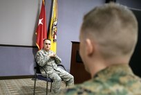 FORT EUSTIS, Va. -- Air Force Chief Master Sgt. Harold Hutchison, North American Aerospace Defense and U.S. Northern Command (NORAD and U.S. NORTHCOM) senior enlisted leader speaks with members of Joint Task Force Civil Support during an all-enlisted call May 19, 2017. Hutchison’s visit included topics of promotions, what JTF-CS will do in future joint operations, and recognition for enlisted service members in a joint environment. (Official DOD photo by MC2 Benjamin Liston)