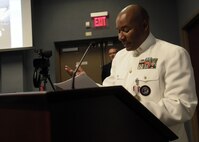 FORT EUSTIS, Va. - Chief Yeoman Owen Watson, flag writer, Joint Task Force Civil Support speaks during his retirement ceremony May 18, 2017. Watson served 29 honorable years in the United States Navy. (Official DOD photo by MC2 Benjamin Liston)