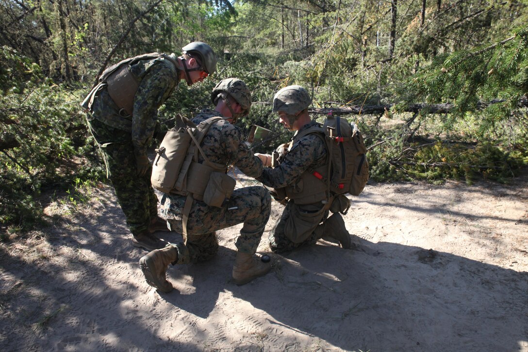 COLD LAKE, AB, CANADA – Sgt. Marco Ramos and Sgt. Michael Nadon, combat engineers with Engineer Company, Detachment Bravo, Marine Wing Support Squadron 473, 4th Marine Aircraft Wing, Marine Forces Reserve, place a field expedient Bangalore torpedo to clear an abatis created by Canadian Armed Forces members, May 28, 2017 as part of exercise Maple Flag 50. Maple Flag is an annual, international military training event that maintains the alliance with Canadian and multinational air and ground forces.