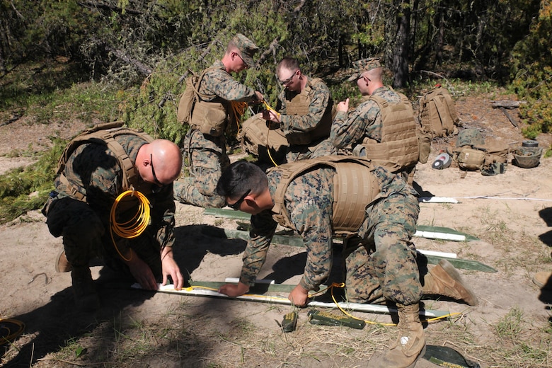 Warrant Officer Regenald McDonald, a Royal Canadian Air Force construction engineer with 4 Construction Engineering Squadron, speaks to Marines with Engineer Company, Detachment Bravo, Marine Wing Support Squadron 473, 4th Marine Aircraft Wing, Marine Forces Reserve, about engineering obstacles, May 28, 2017. Marines cleared an abatis created by Canadian Armed Forces members as part of exercise Maple Flag 50.