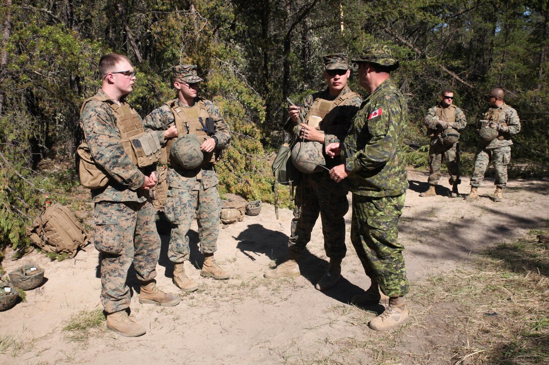 Warrant Officer Regenald McDonald, a Royal Canadian Air Force construction engineer with 4 Construction Engineering Squadron, speaks to Marines with Engineer Company, Detachment Bravo, Marine Wing Support Squadron 473, 4th Marine Aircraft Wing, Marine Forces Reserve, about engineering obstacles, May 28, 2017. Marines cleared an abatis created by Canadian Armed Forces members as part of exercise Maple Flag 50.