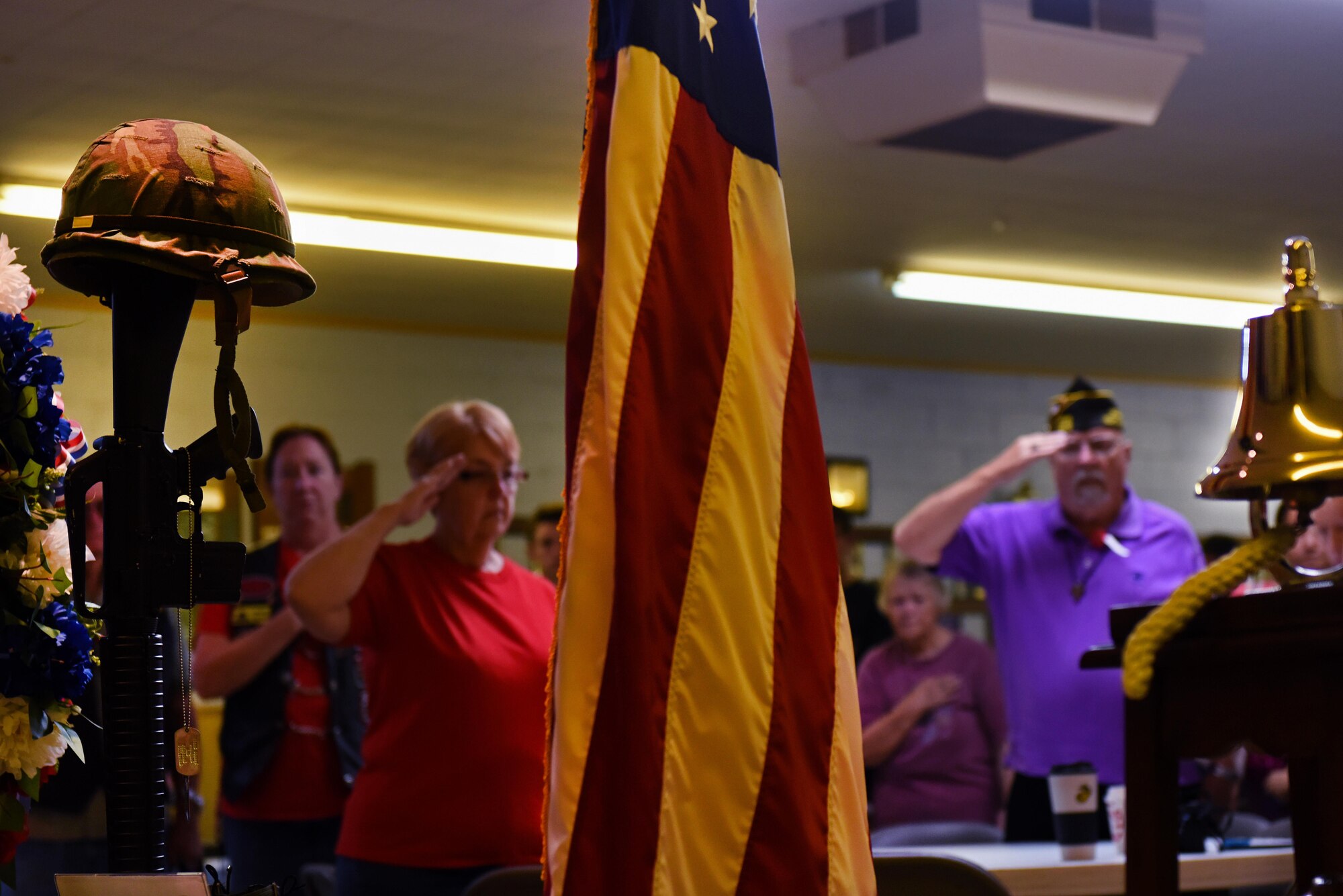 Veterans and volunteers present arms during the playing of taps, May 27, 2017, at the Wayne County Veterans & Patriots Coalition Post 11 in Dudley, North Carolina. In recognition of Memorial Day, the Wayne County Veterans & Patriots Coalition hosted a breakfast and placed flags on veterans’ headstones at multiple cemeteries across the county. (U.S. Air Force photo by Senior Airman Ashley Maldonado-Suarez)