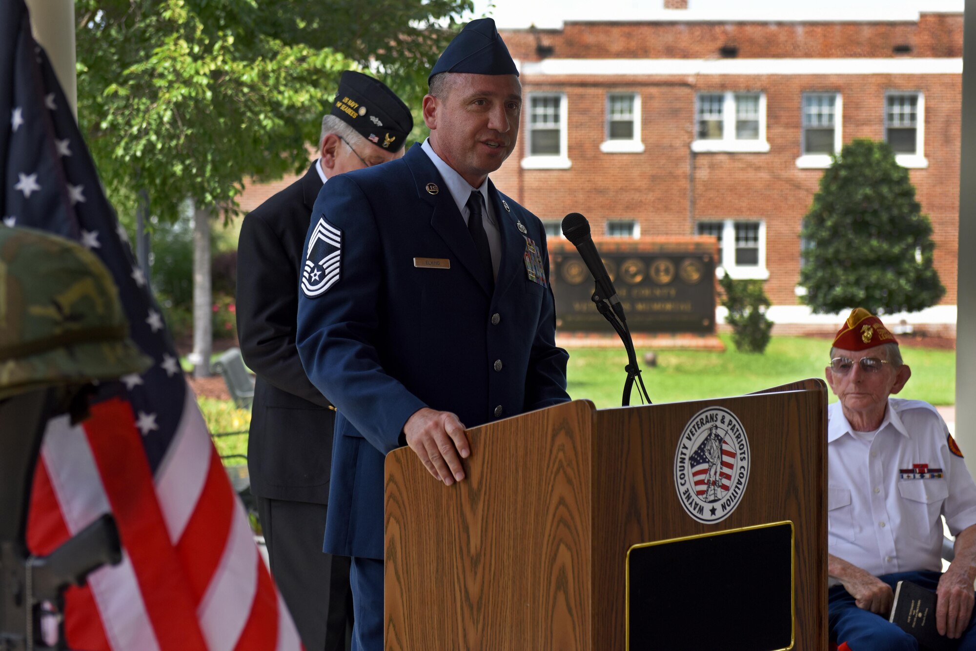 Chief Master Sgt. Eugene Elking, acting 4th Fighter Wing command chief, speaks at the Wayne County Veterans Memorial, May 29, 2017, in Goldsboro, North Carolina. In honor of Memorial Day, veterans in Wayne County attended a ceremony and held a moment of silence for the fallen. (U.S. Air Force photo by Senior Airman Ashley Maldonado-Suarez)