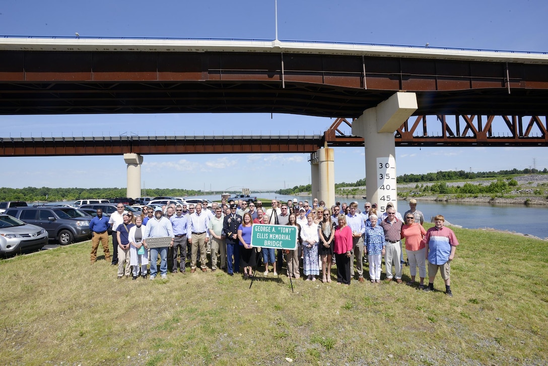 Family members, U.S. Army Corps of Engineers Nashville District, the Kentucky resident and project office teams, and many friends, colleagues, and contractors gathered under the George A. (Tony) Ellis Bridge on Highway 62 across the Tennessee River below Kentucky Dam.  It was re-named in memory and in honor of former U.S. Army Corps of Engineers Kentucky Lock resident engineer George A. (Tony) Ellis, on May 30, 2017 in Grand Rivers, Ky.   Ellis, was the resident engineer for one of the Nashville District’s largest and longest projects, the Kentucky Lock Addition Project, when he tragically passed away unexpectedly July 27, 2016.  