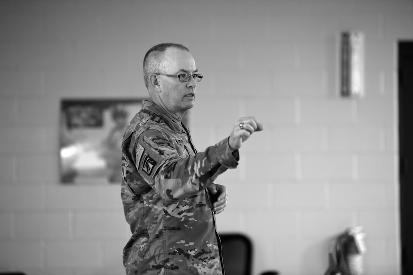 Command Sgt. Maj. Vernon Perry, Command Sergeant Major, 85th Support Command, emphasized the importance of the 85th SPT CMD’s mission during the New Command Teams Orientation brief in Arlington Heights, Ill. on May 19-20, 2017. Perry talked about how the role of the new leaders was to ensure all of their Soldiers and units had what they needed to train and be ready to fight should they be called upon. Perry emphasized his personal tie to the importance ready and properly trained Soldiers in the field, sharing how that very training saved the life of his own son during a deployment.
(U.S. Army photo by Sgt. Aaron Berogan/Released)